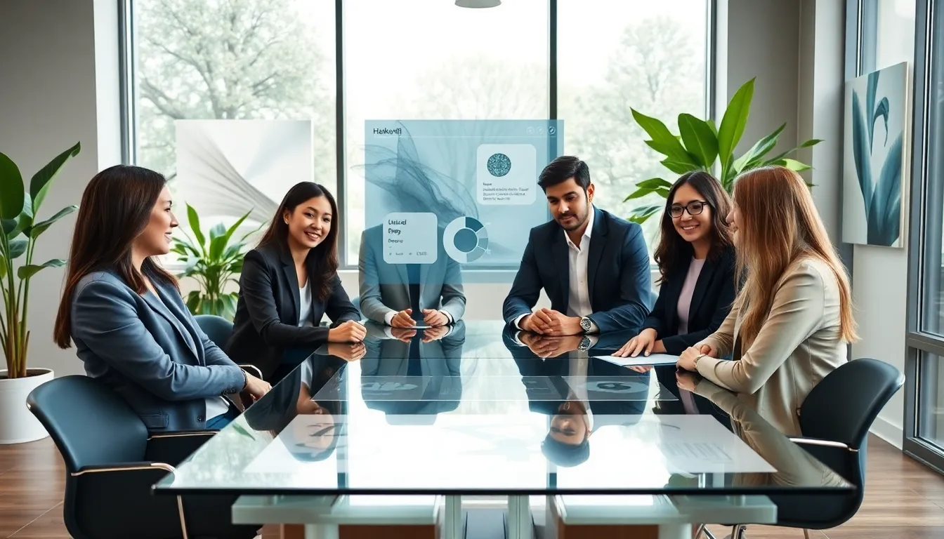 diverse professionals collaborating in a serene, modern workspace.