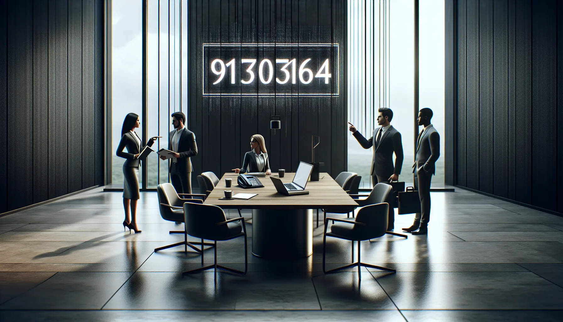 professionals discussing a phone number in a modern office setting.