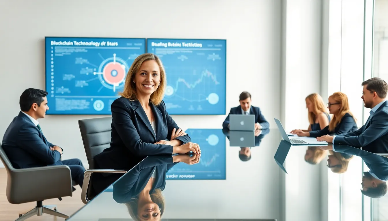 Stacy Klinger leading a diverse team in a modern office.