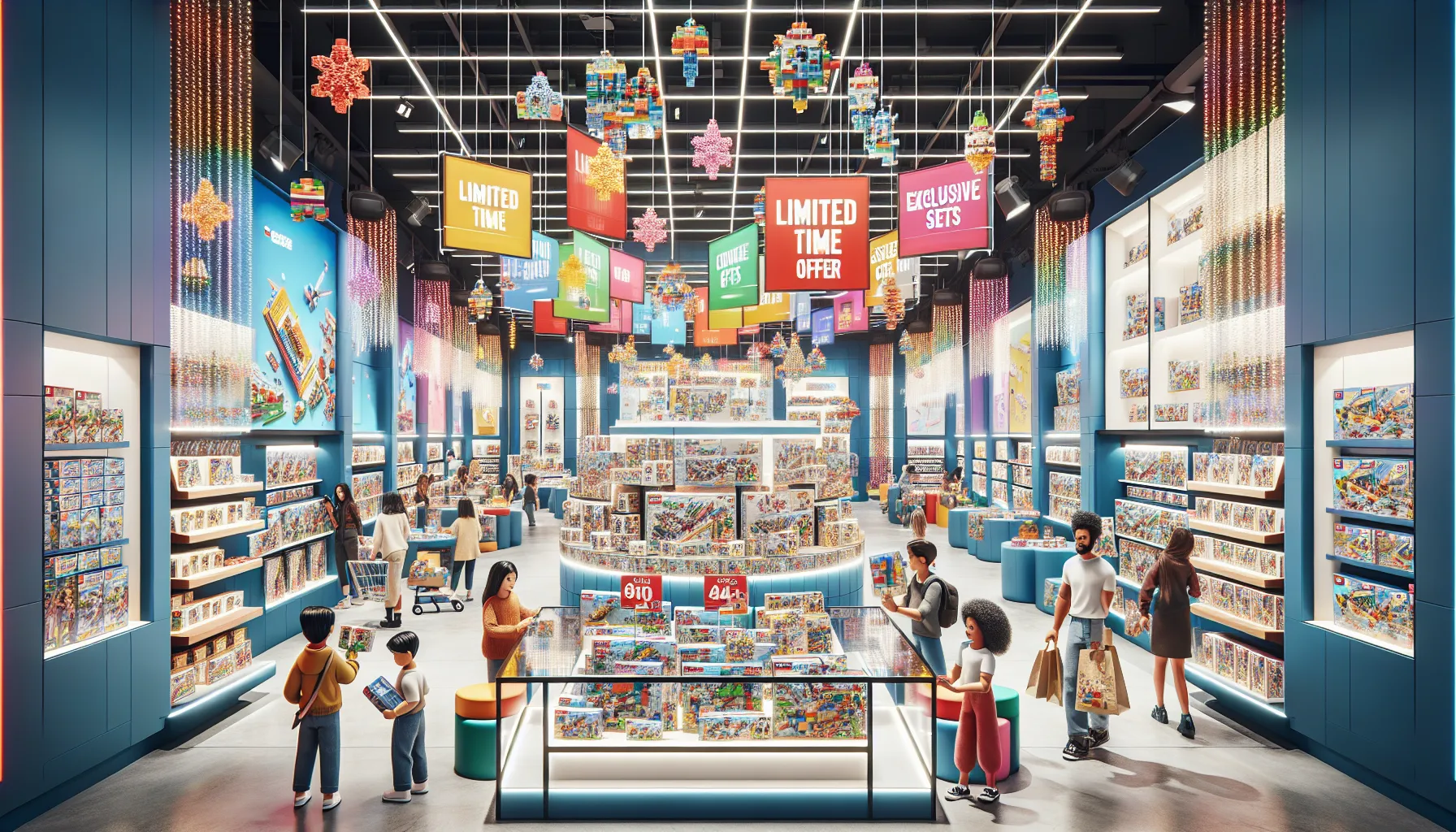 colorful LEGO store display featuring seasonal promotions and diverse shoppers.