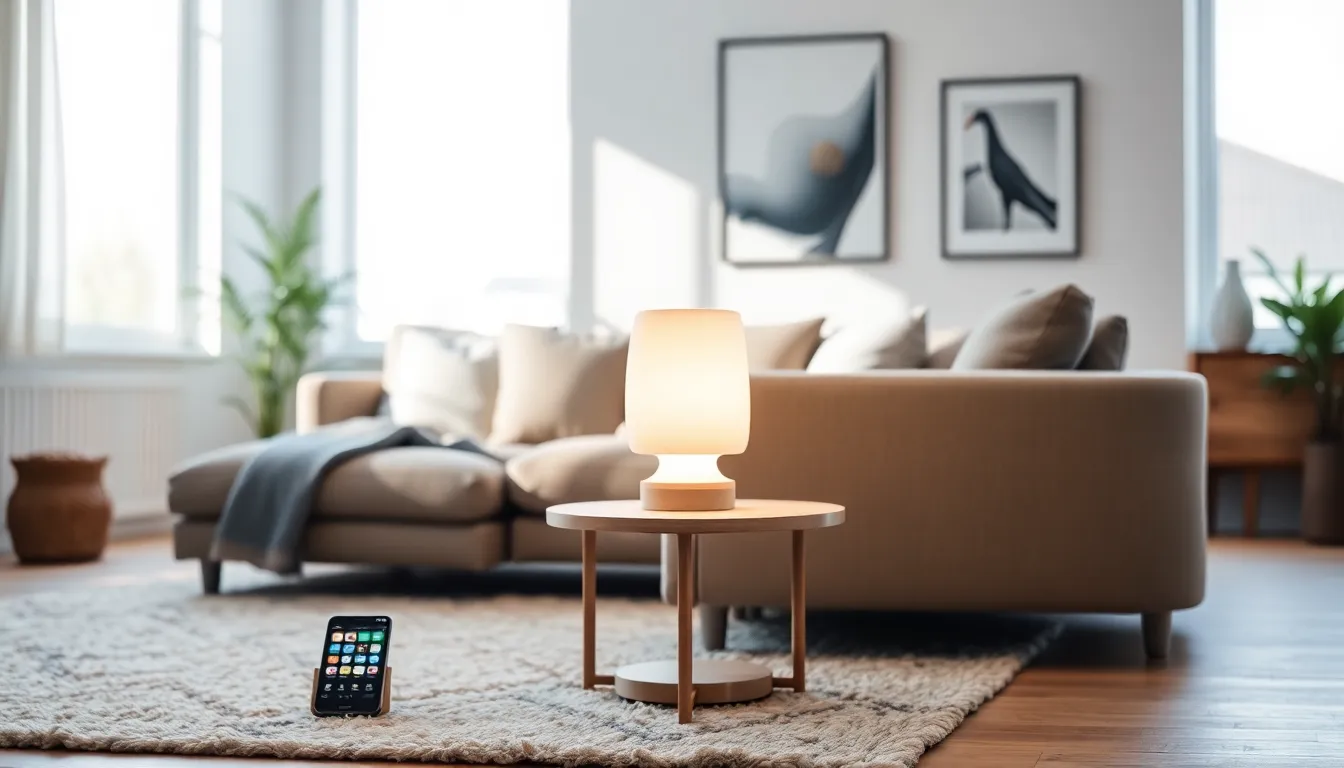modern living room with a smart lamp and smartphone app control.