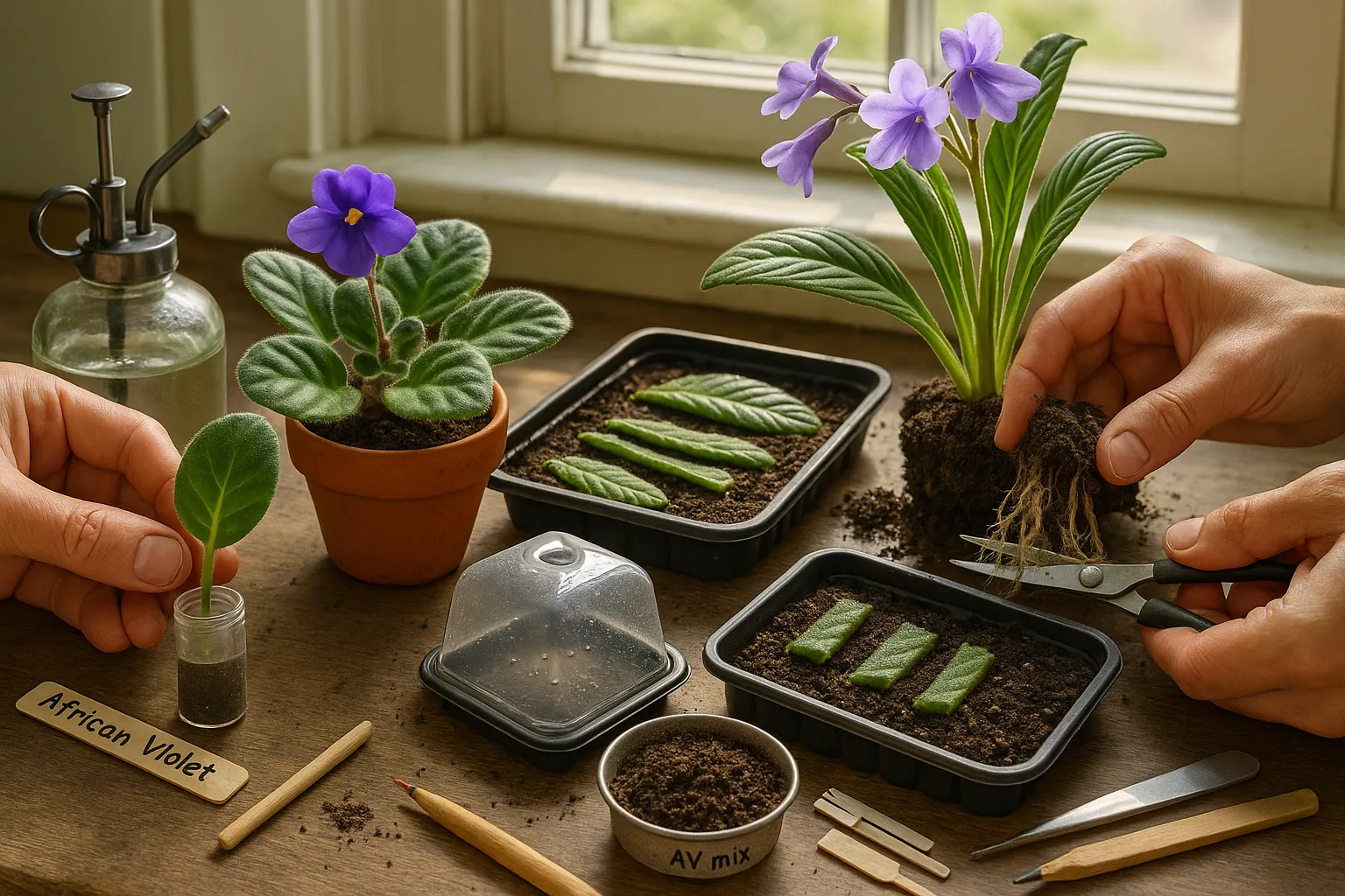 Hands propagating an African violet and repotting a Cape primrose by a sunny window.