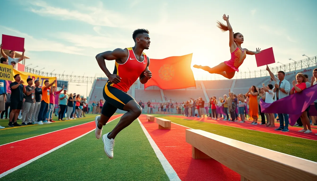diverse athletes competing in an Arate Competition at a vibrant stadium.