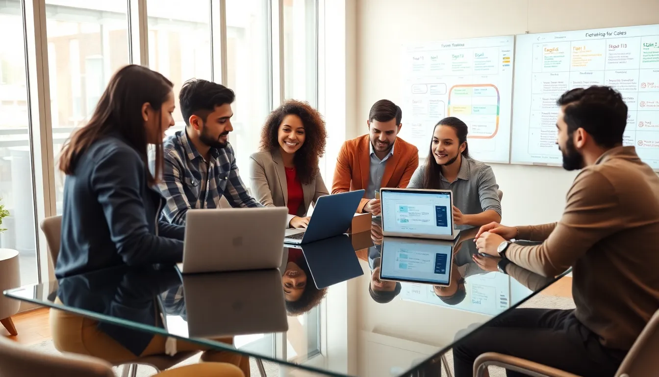 diverse team collaborating using project management software in a modern office.