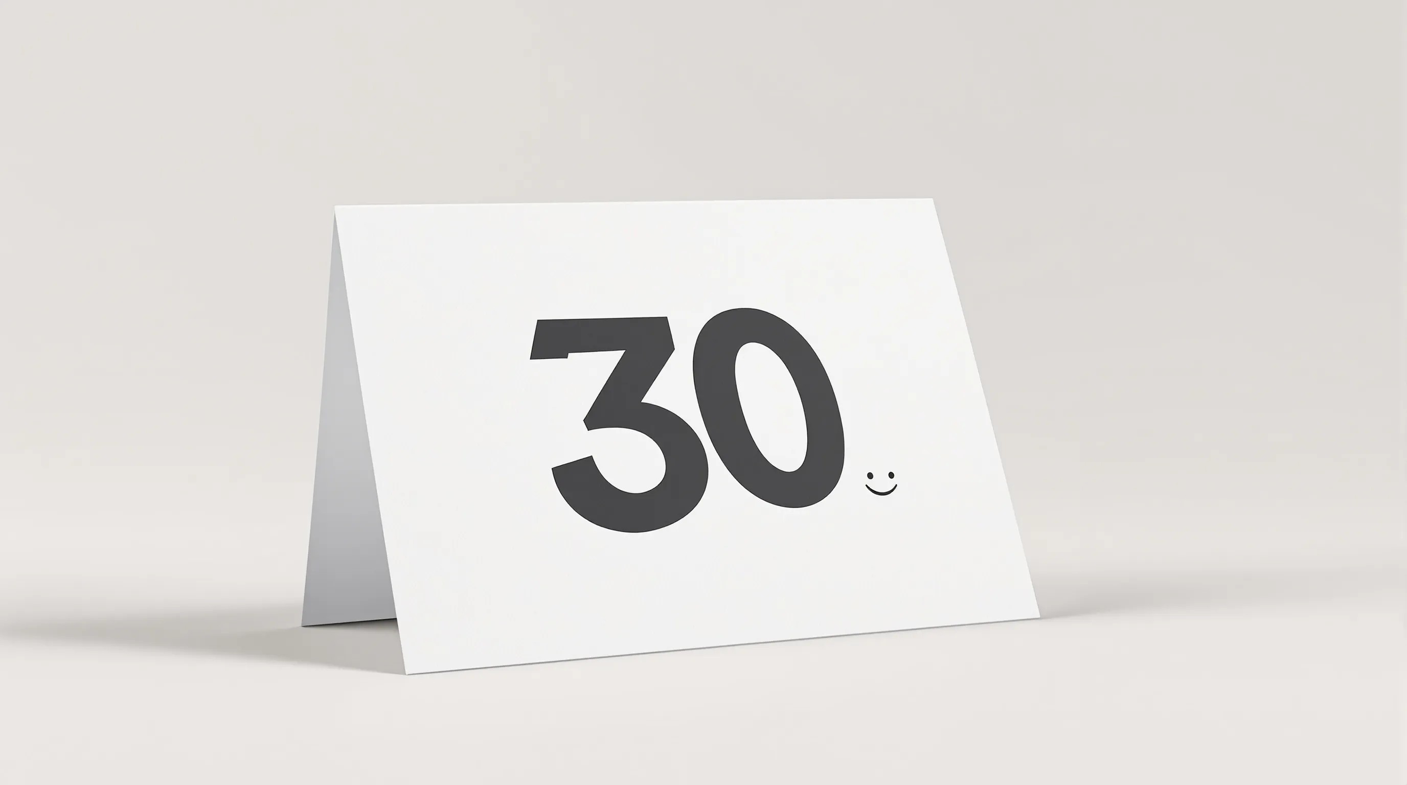 Minimalist greeting card with number 30 and subtle smirk icon on clean background.