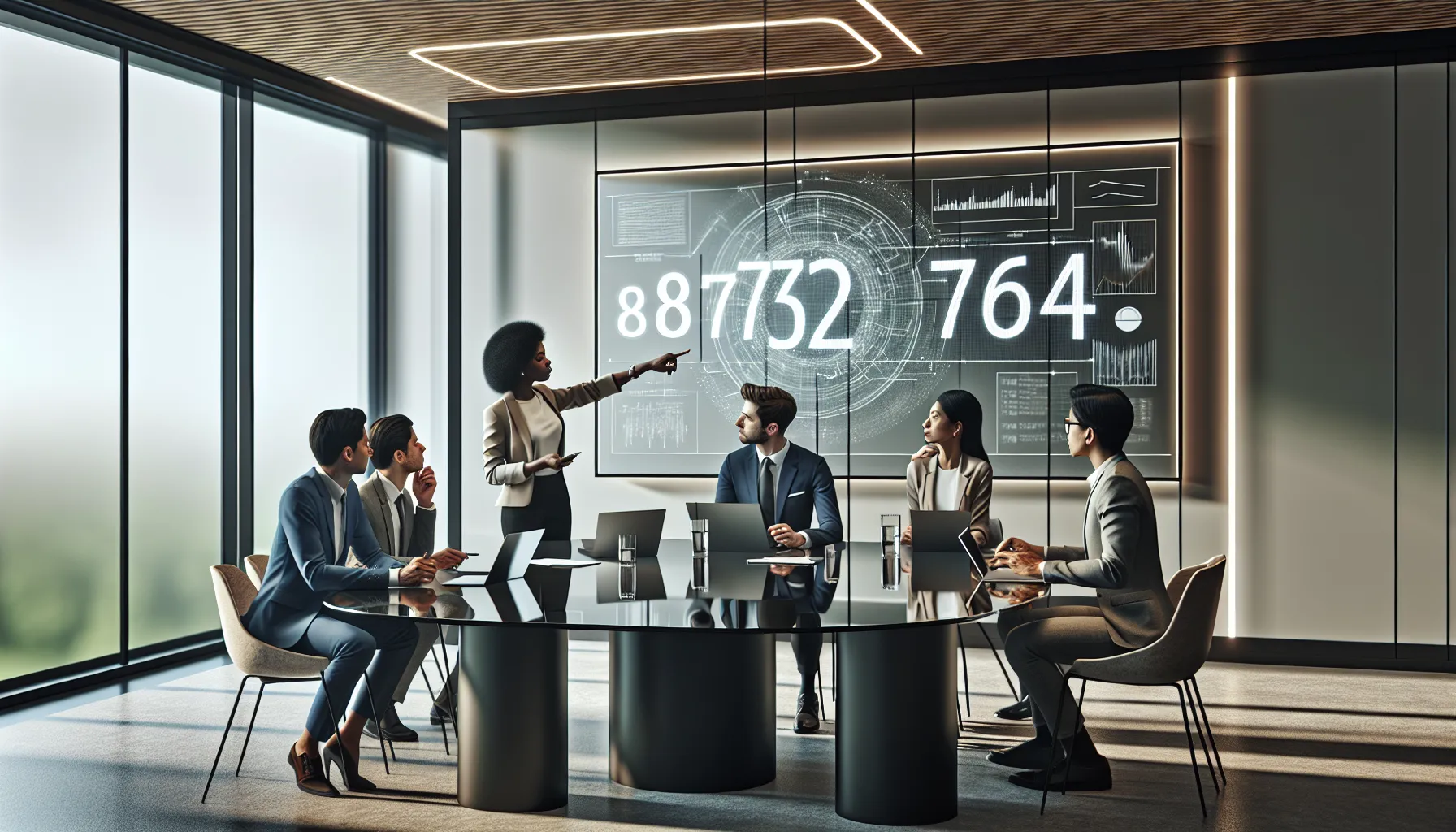 diverse professionals collaborating in a modern office around a digital display.
