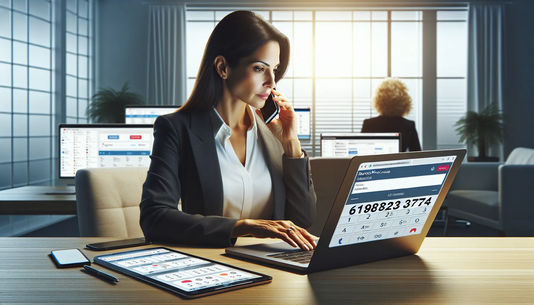 professional searching for information about a phone number in a modern office.
