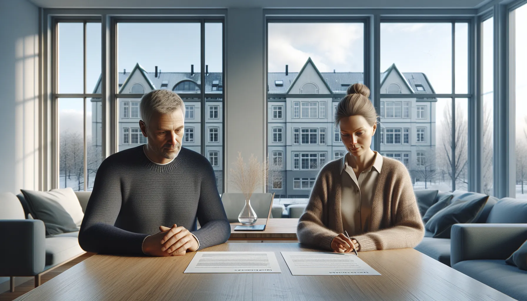 Landlord and tenant review a standard norwegian rental contract at a bright table.