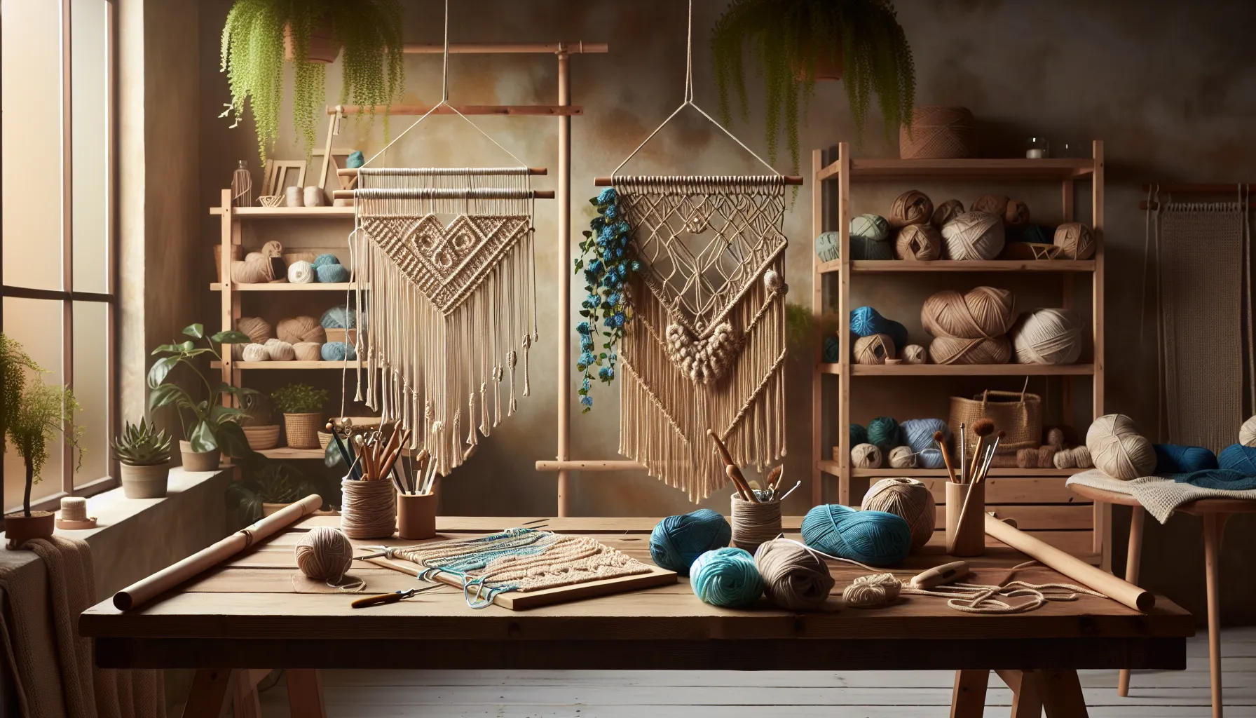 A macrame and crochet project displayed side by side on a crafting table.