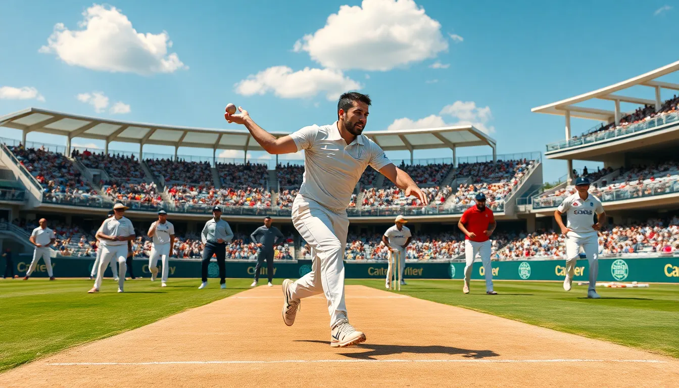 fast bowler in action during a cricket match on a sunny day.