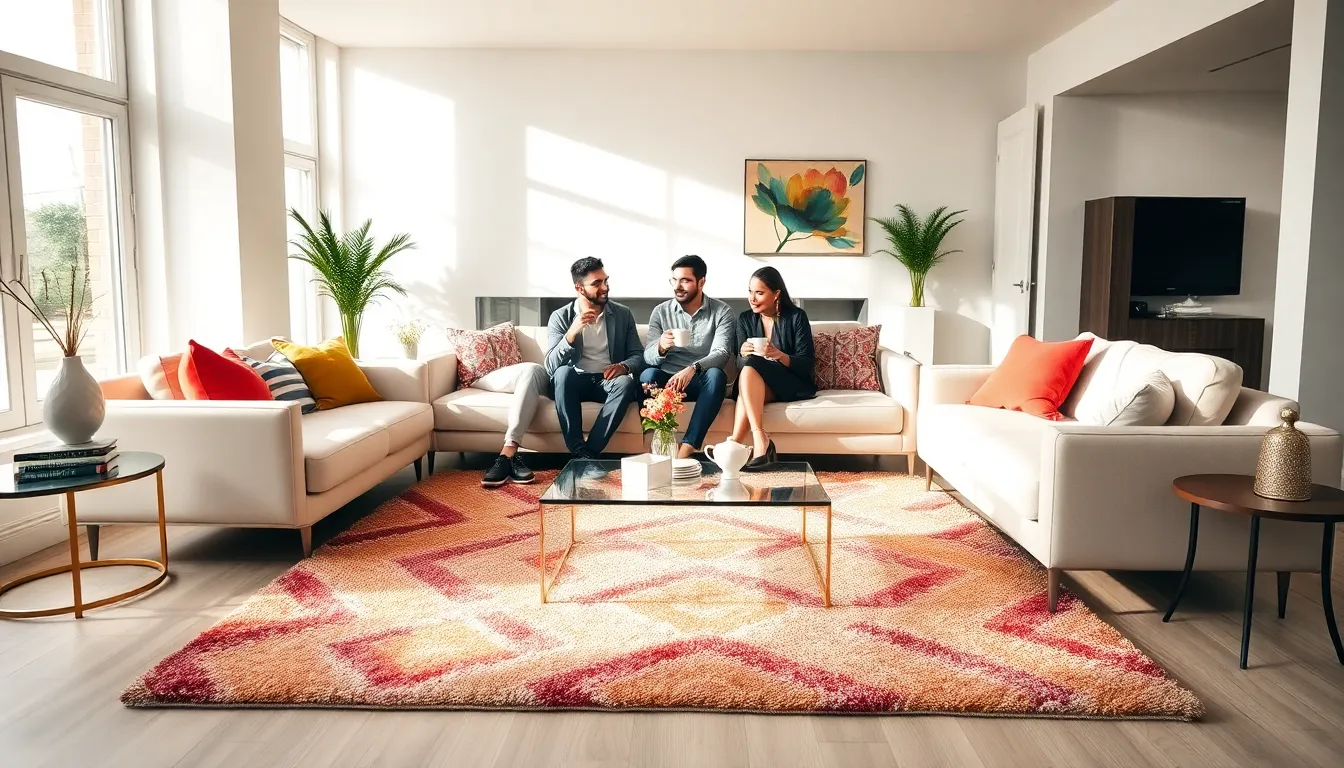 modern living room with a colorful area rug and diverse people enjoying coffee.