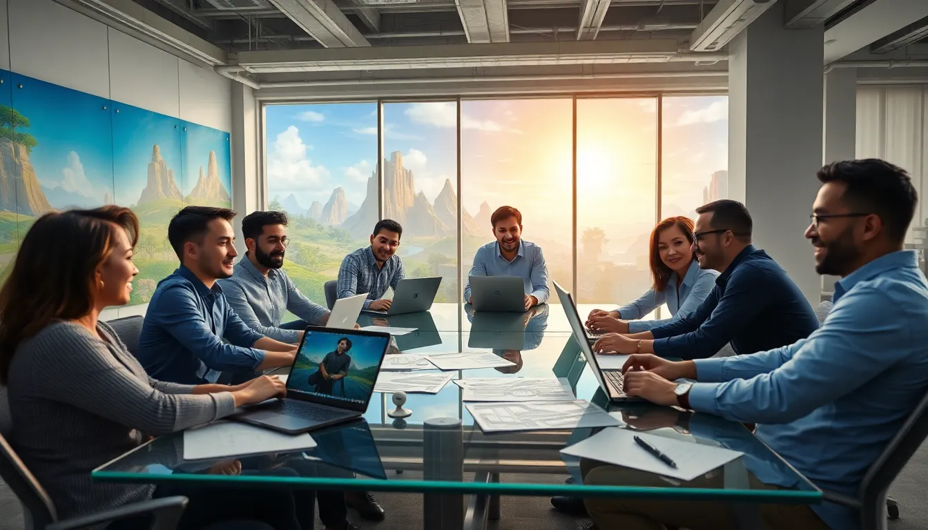diverse game developers collaborating in a modern office.