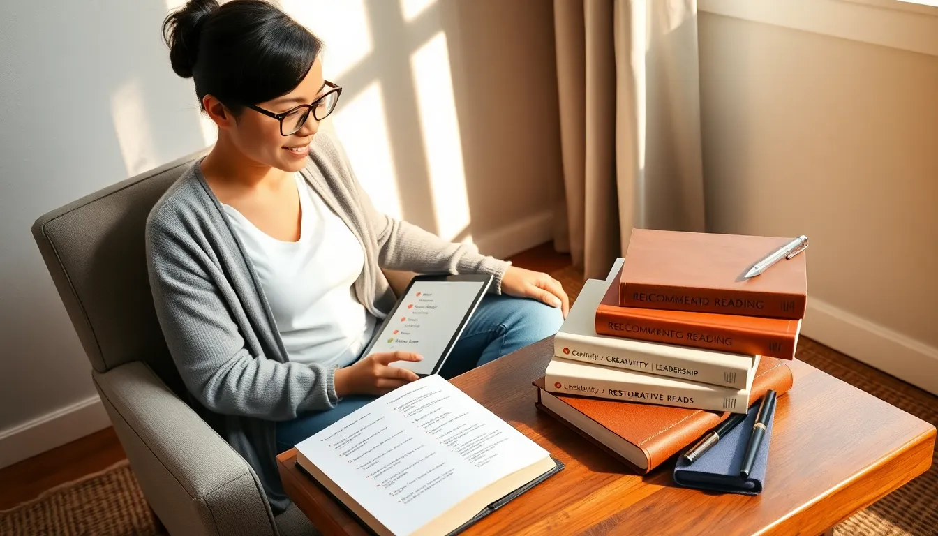 Person reading a curated recommended reading list on a tablet in a cozy nook.