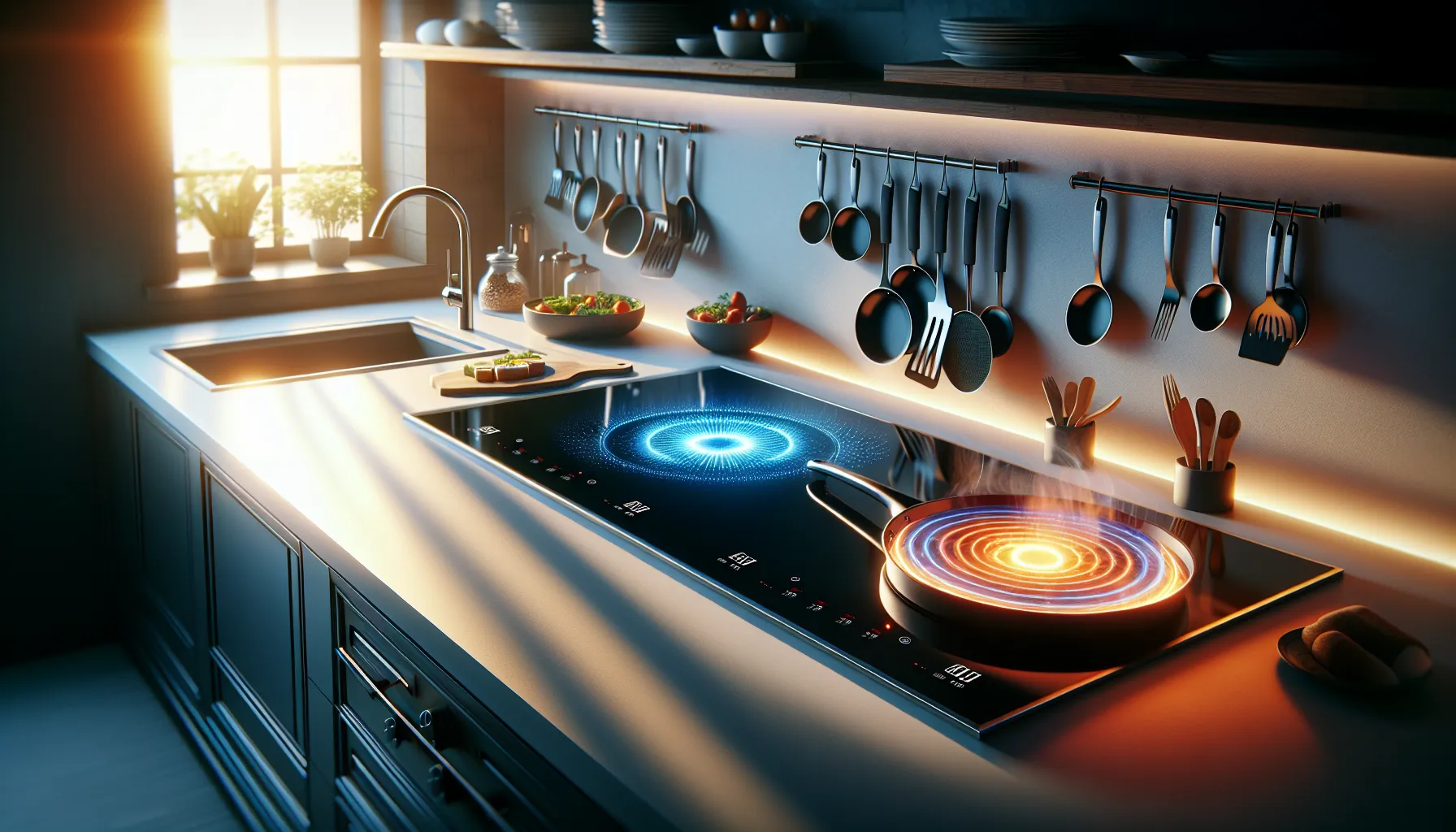 A kitchen showing induction and electric cooktops side by side.