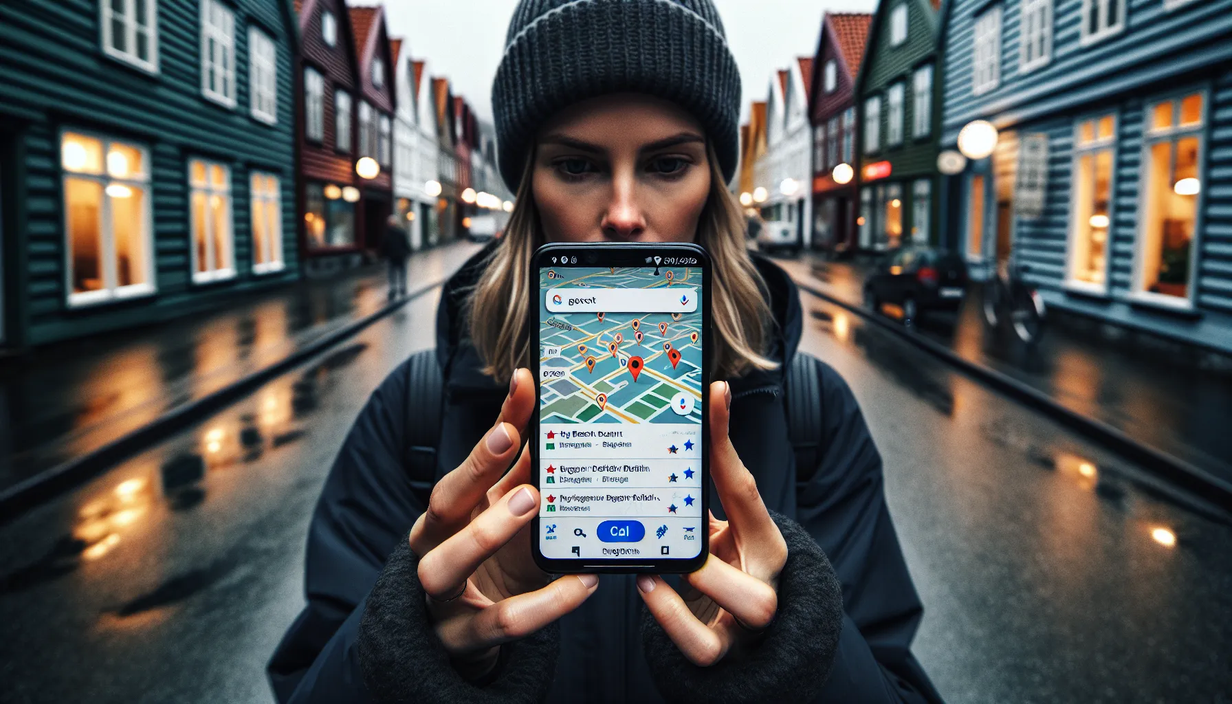 Woman in bergen checking map pack results for “tannlege bergen” on phone.