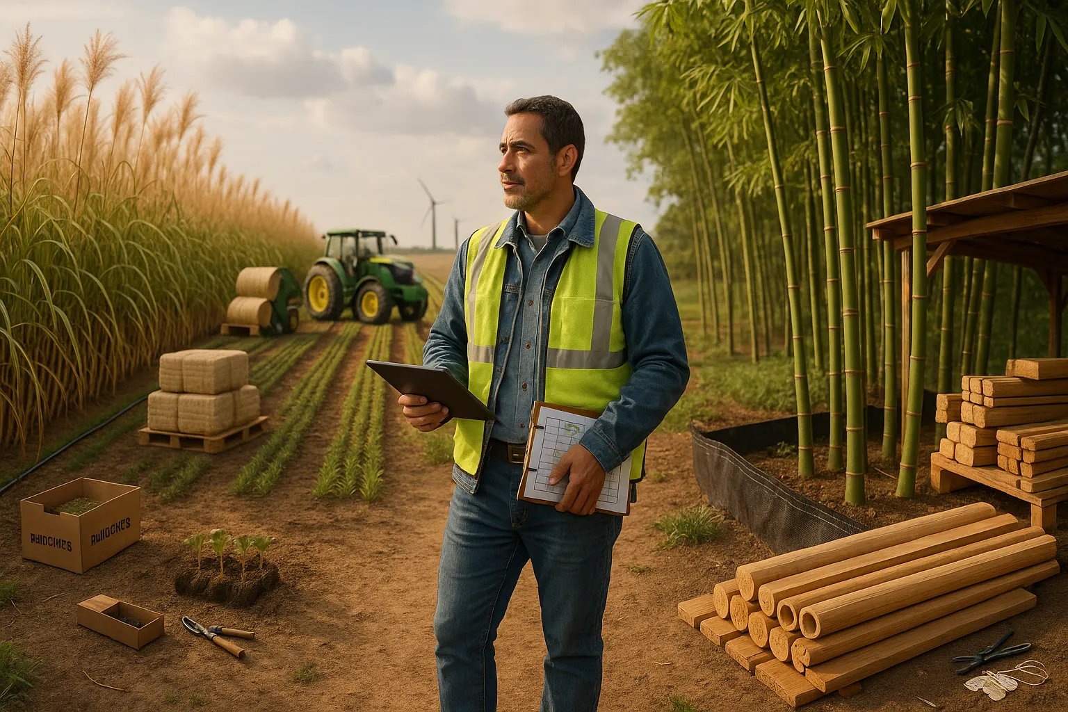 Farm manager between miscanthus field with bales and a managed bamboo grove with lumber.