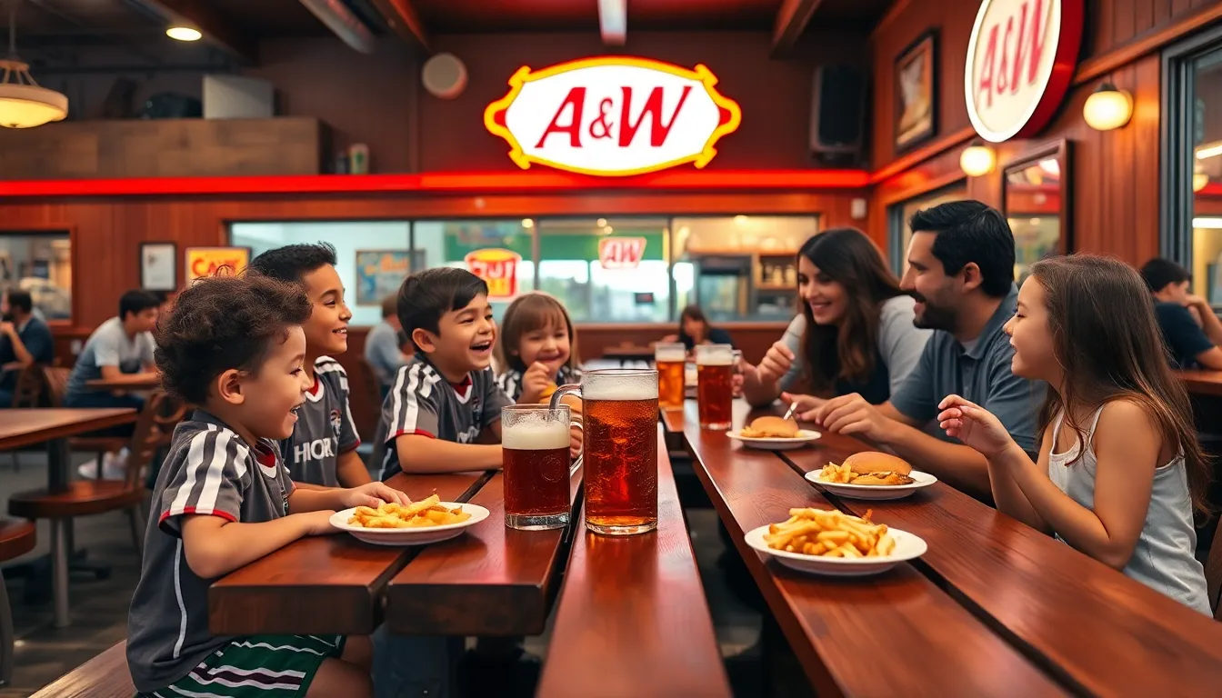 Families enjoying meals at A&W in Sweet Home, Oregon.
