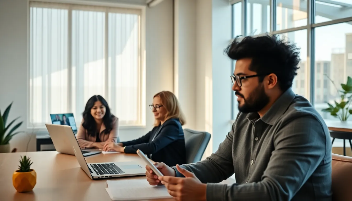 professionals collaborating remotely in modern office settings.