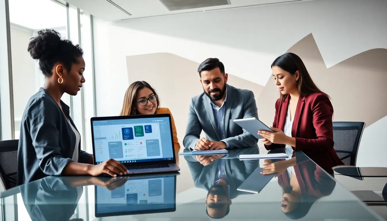 diverse team collaborating on database DevOps tools in a modern office.