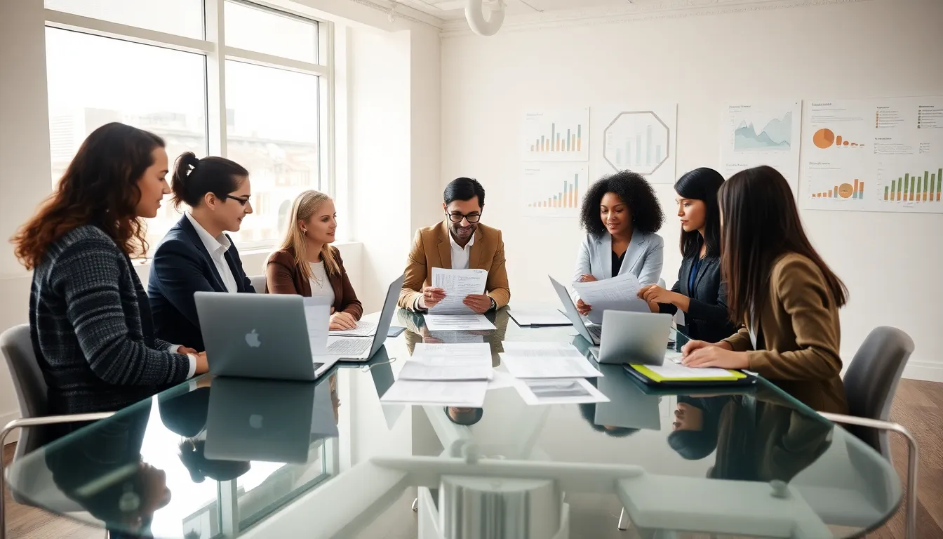 diverse team collaborating on budgeting in a modern office.