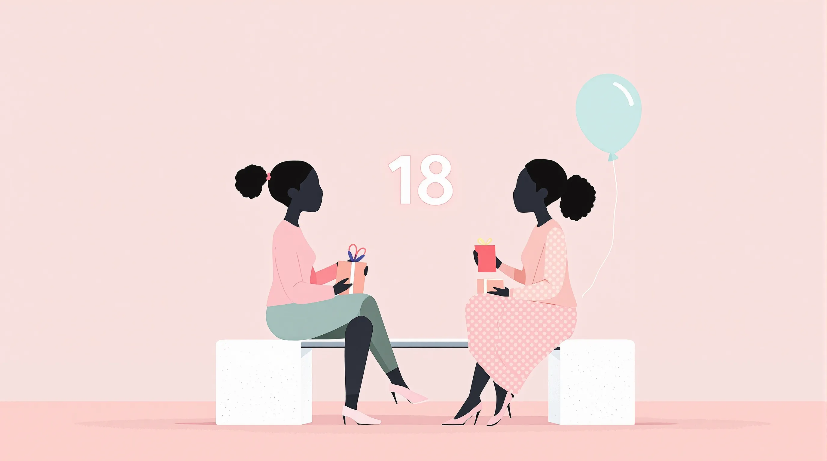 Two female silhouettes sitting together with a gift and balloon, celebrating 18th birthday.