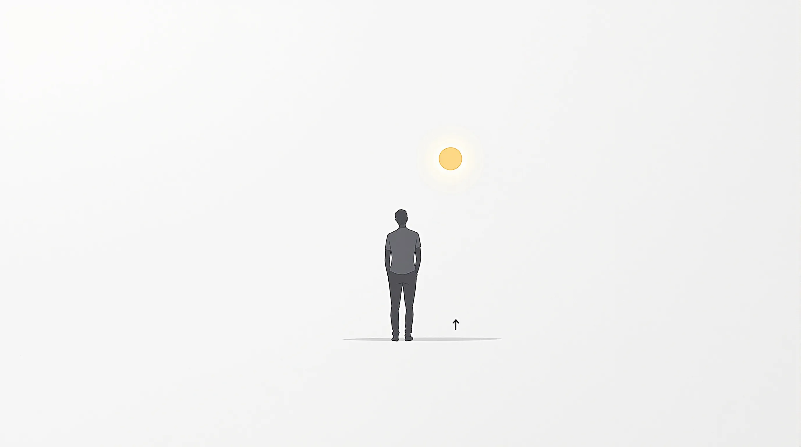 A minimal silhouette figure standing before a glowing circle, symbolizing personal change and belief.