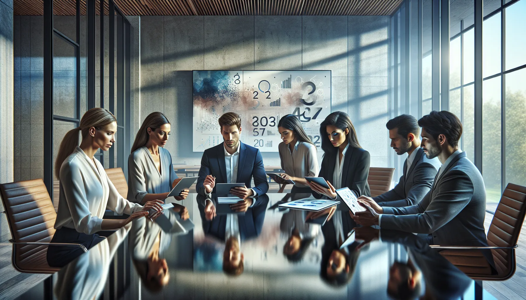 diverse professionals discussing in a modern office with digital tablets.