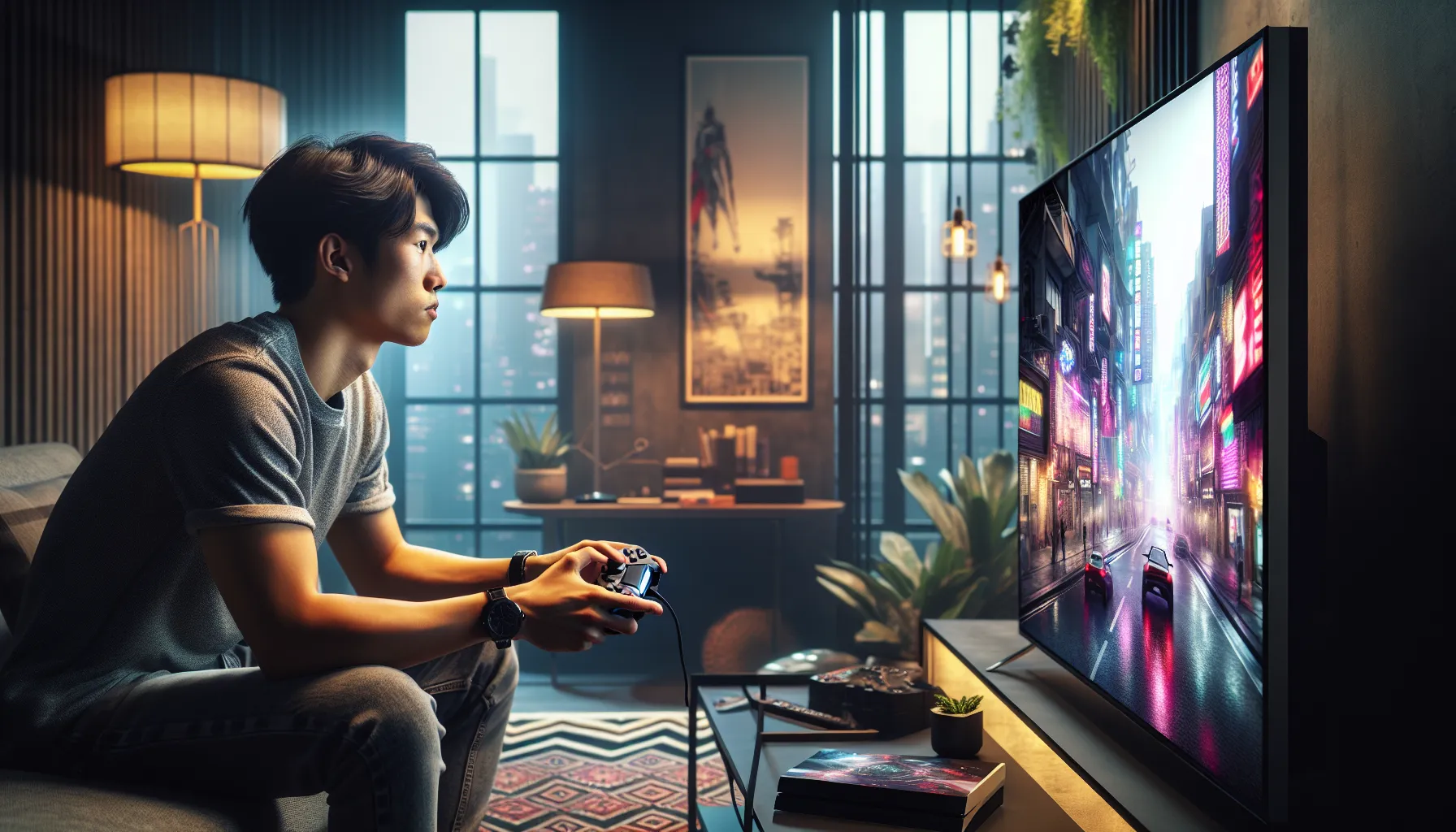 Gamer playing Sleeping Dogs on a PlayStation 5 in a modern living room.