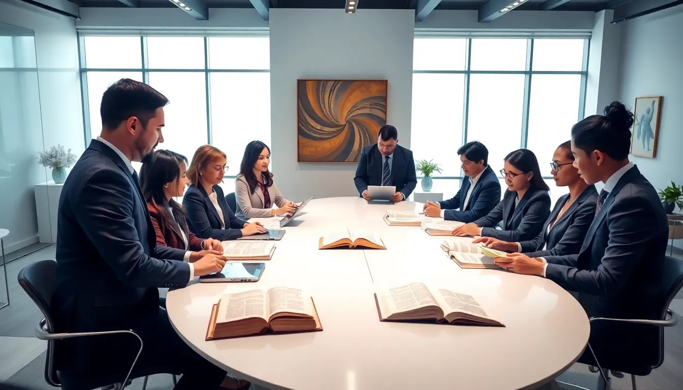 diverse professionals discussing historical texts in a modern office setting.