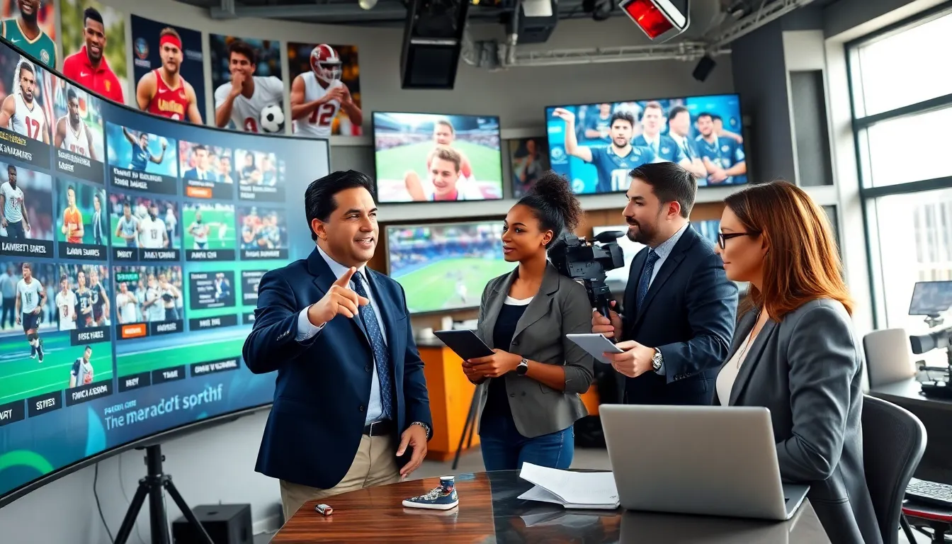 sports journalists discussing updates in a vibrant newsroom.