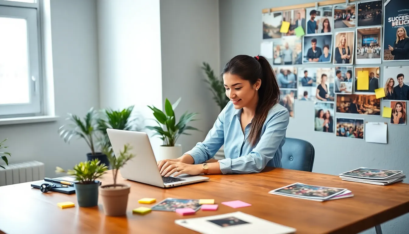 a young woman blogging about event planning at her desk.