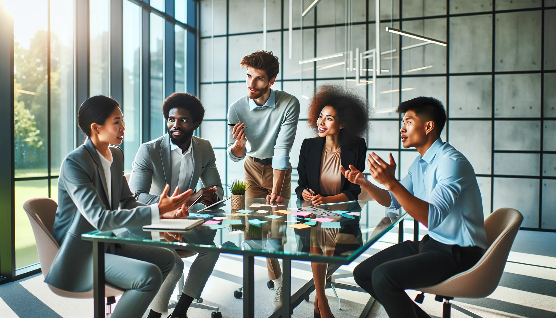 diverse team brainstorming in a modern office on innovative ideas.