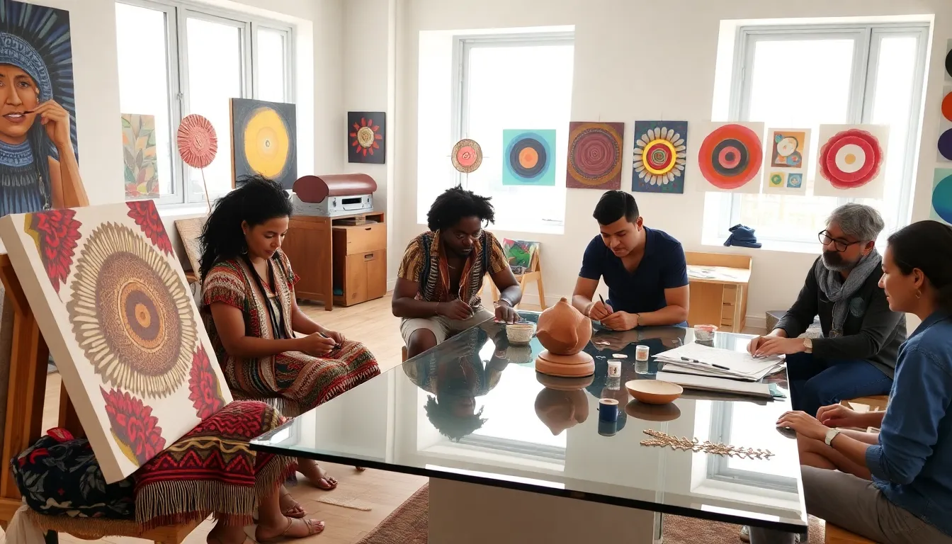 diverse artists collaborating in a creative studio.