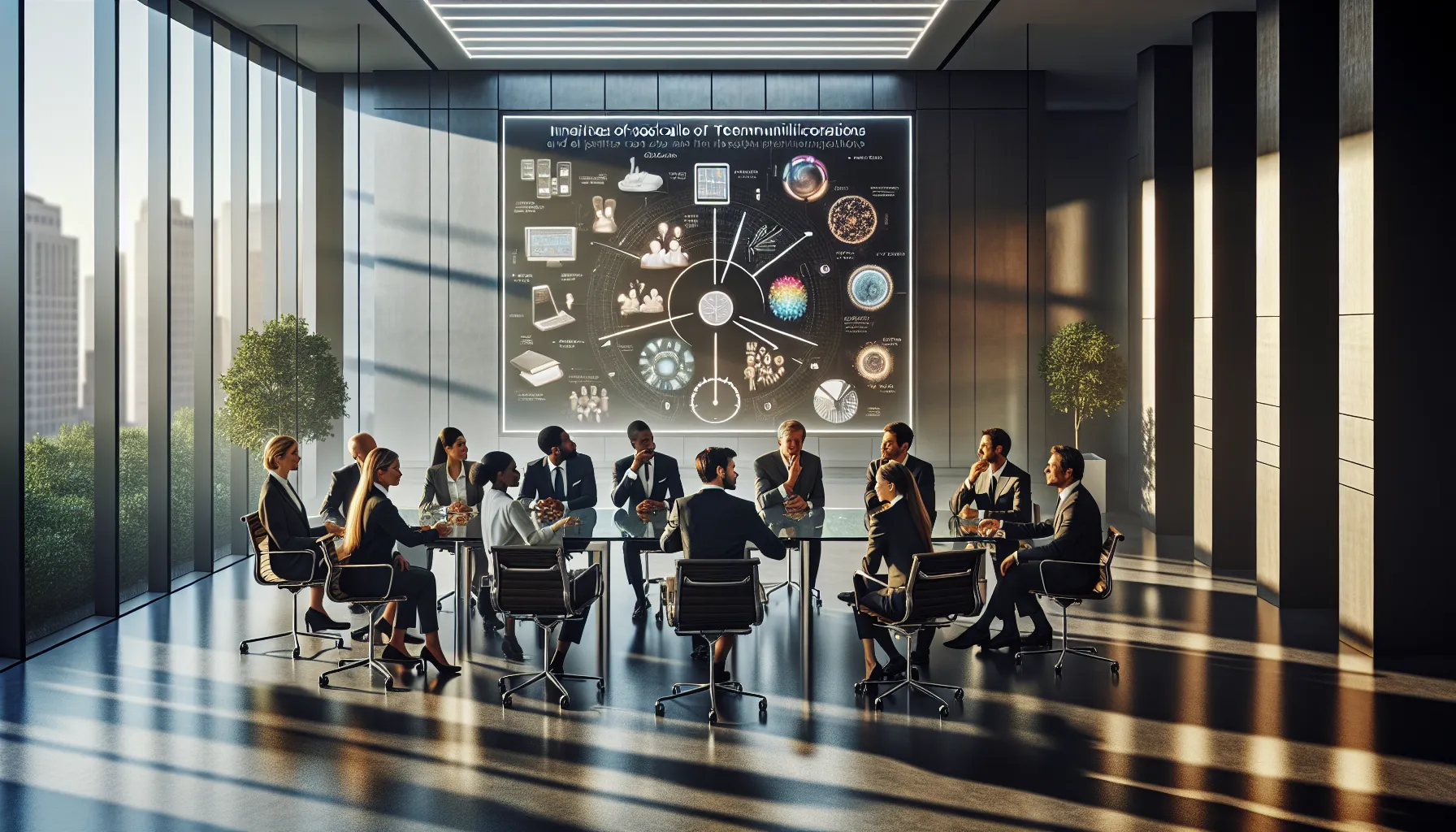 diverse team discussing telecommunications in a modern office.