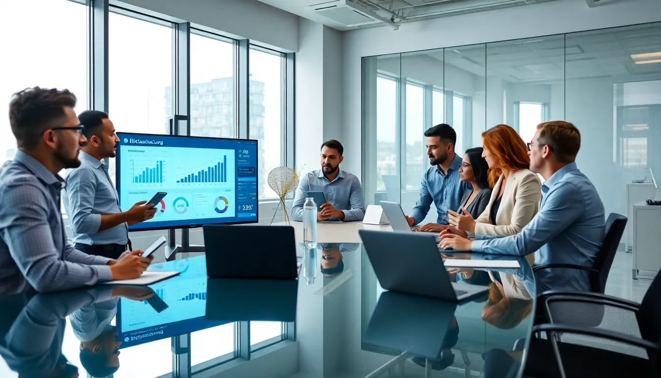 diverse professionals collaborating in a modern office setting.