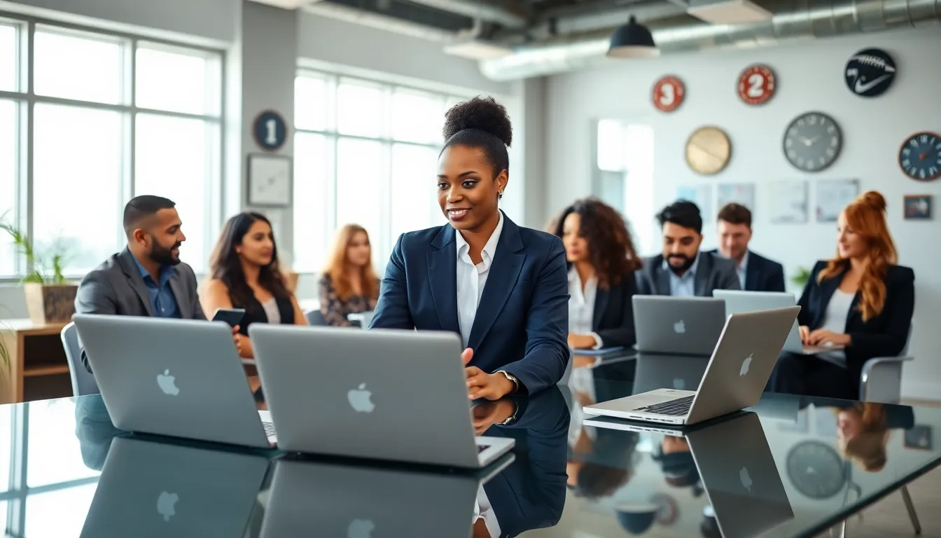 diverse professionals collaborating in a modern office setting focused on sports.