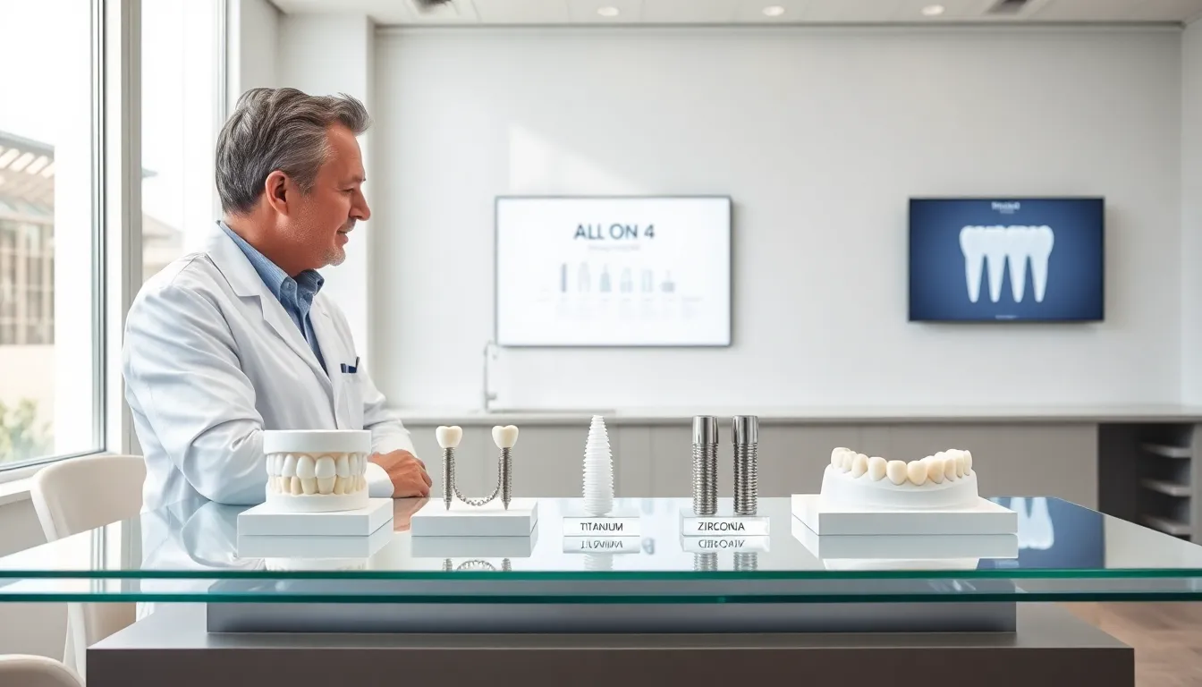 Dentist showing dental implant options in a modern clinic.