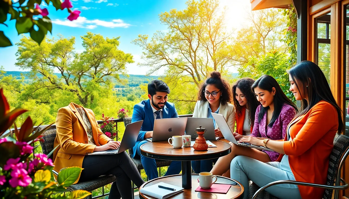 diverse professionals working remotely in an outdoor caf&eacute; setting.