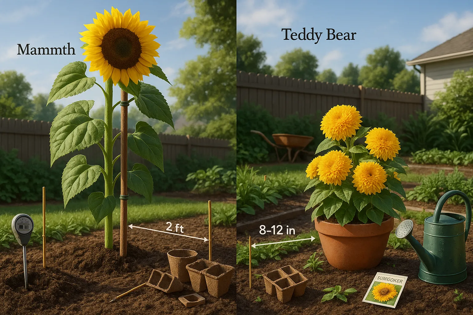 Tall Mammoth sunflower beside short Teddy Bear sunflowers in a sunny garden.