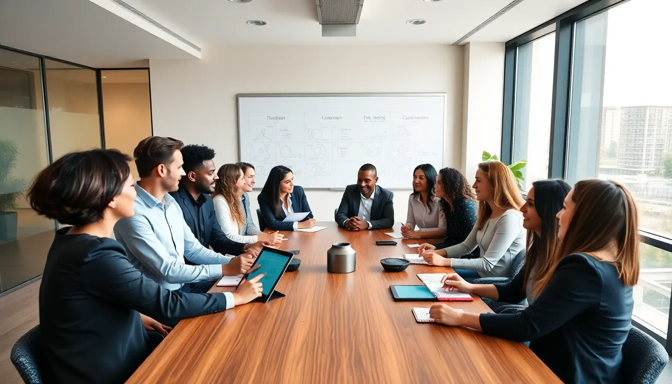 Diverse accountants discussing insights from a podcast in a modern office.