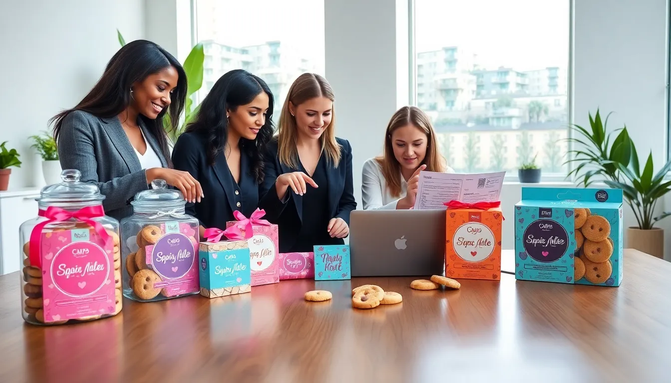 Professionals discussing cookie packaging designs in a modern office.