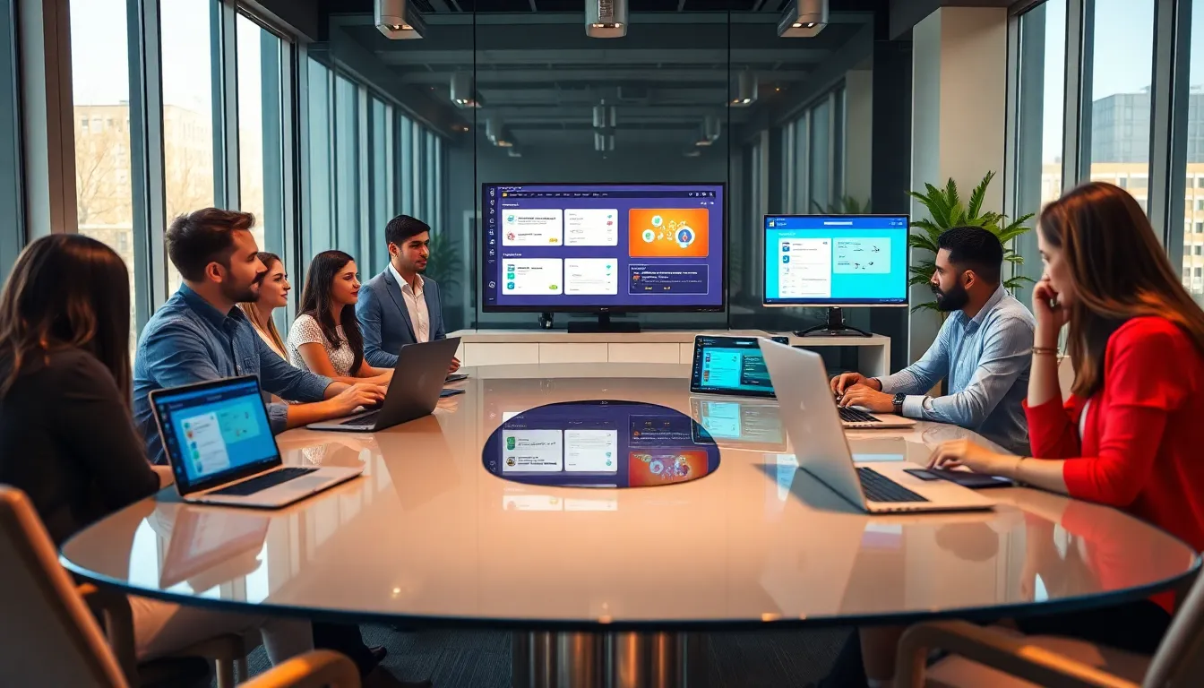 diverse team collaborating on low code no code platforms in a modern office.