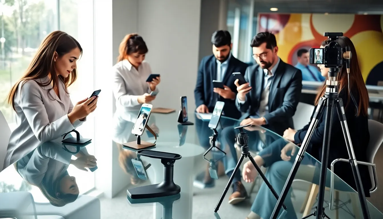 professionals using various mobile phone stands in a modern office.