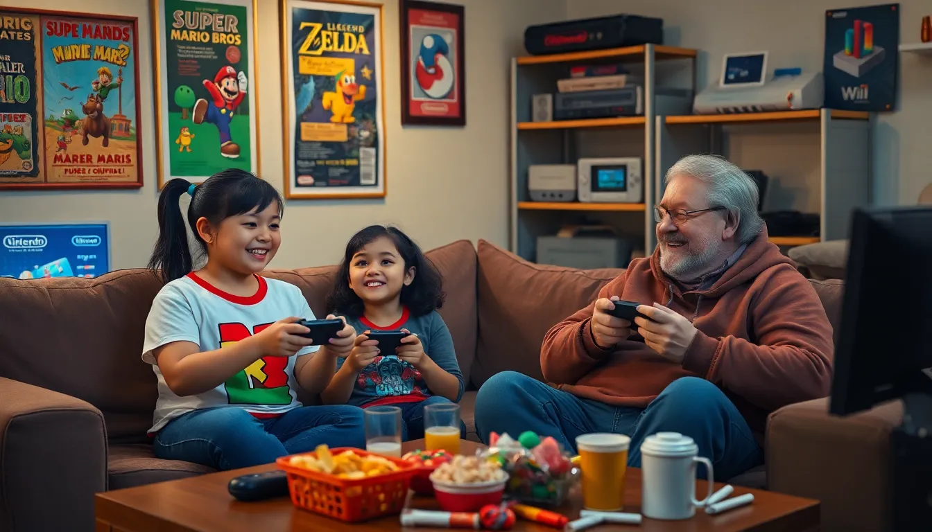 a group of gamers enjoying Nintendo consoles in a cozy living room.