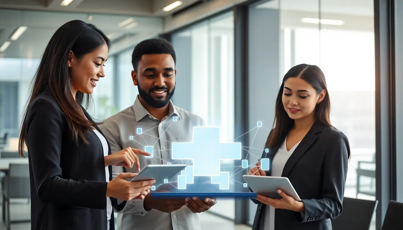 diverse professionals discussing blockchain technology in a modern office.