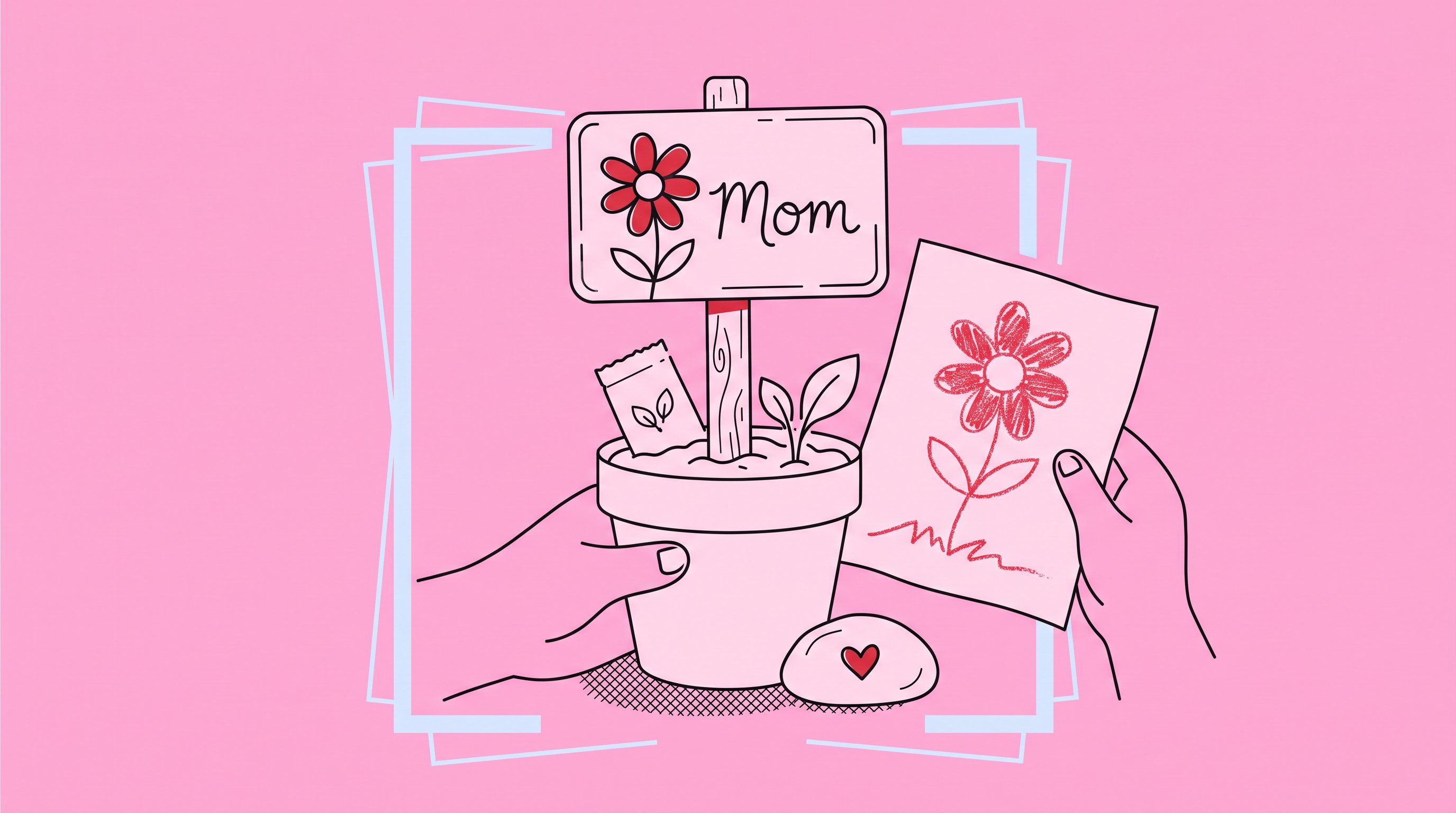 Child’s flower drawing transformed into a personalized garden marker beside a herb pot.