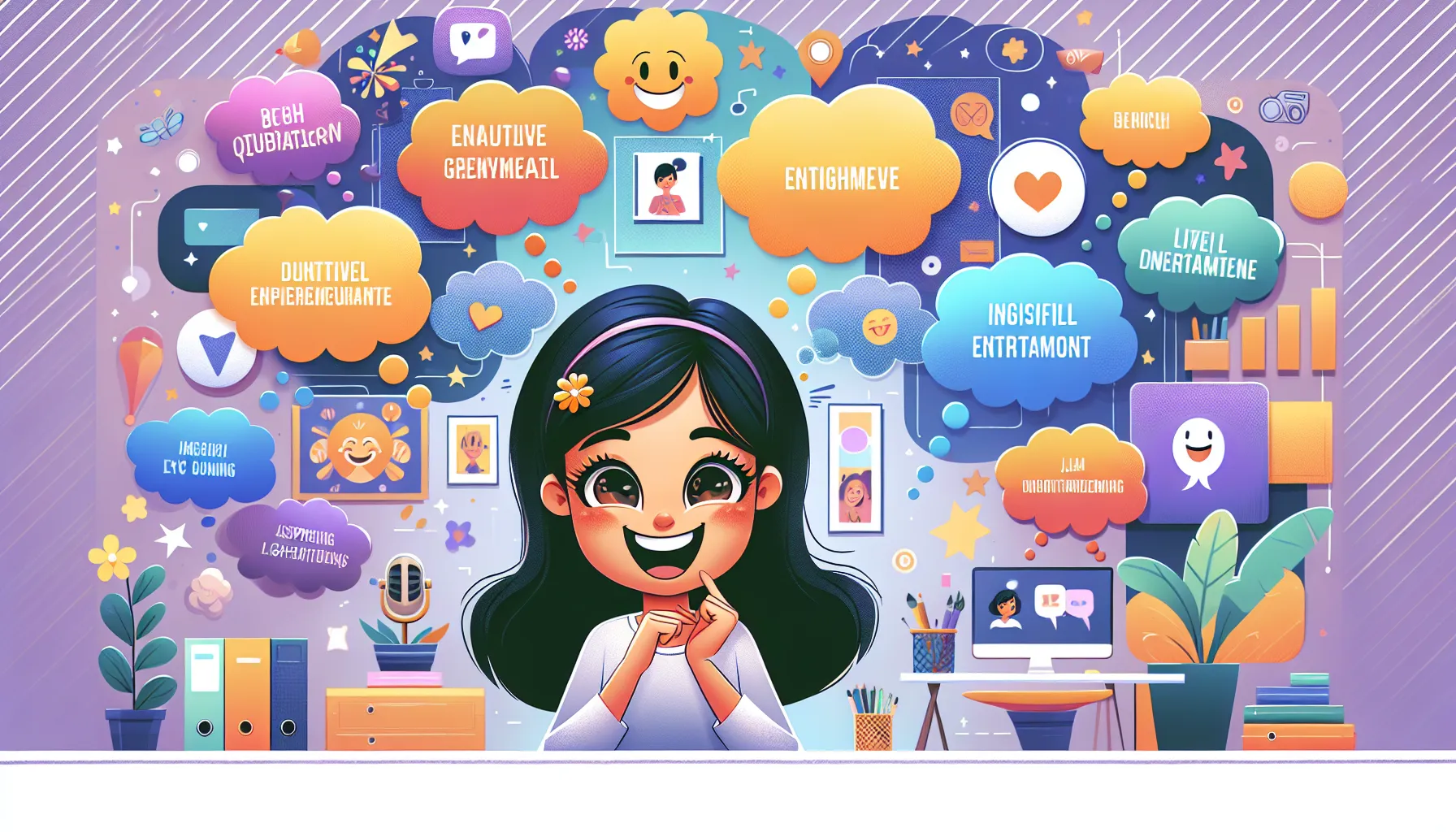 Bimbo Airhead character surrounded by playful speech bubbles in a colorful setting.