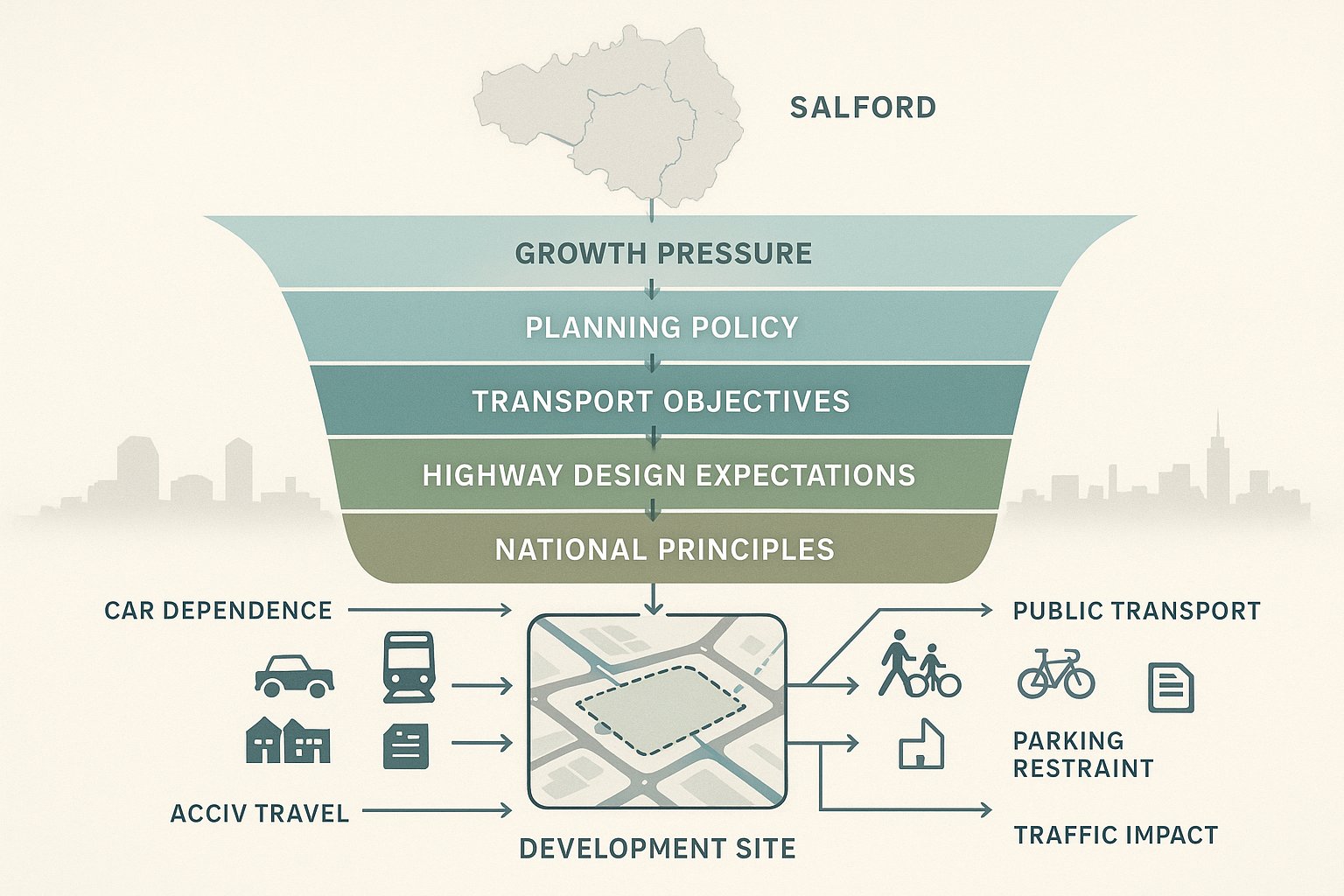 Infographic showing policy layers shaping transport planning decisions in Salford developments.