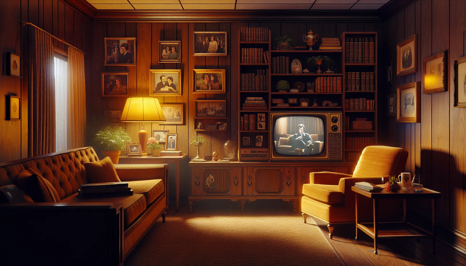 A vintage American living room centered around a 1970s television display.