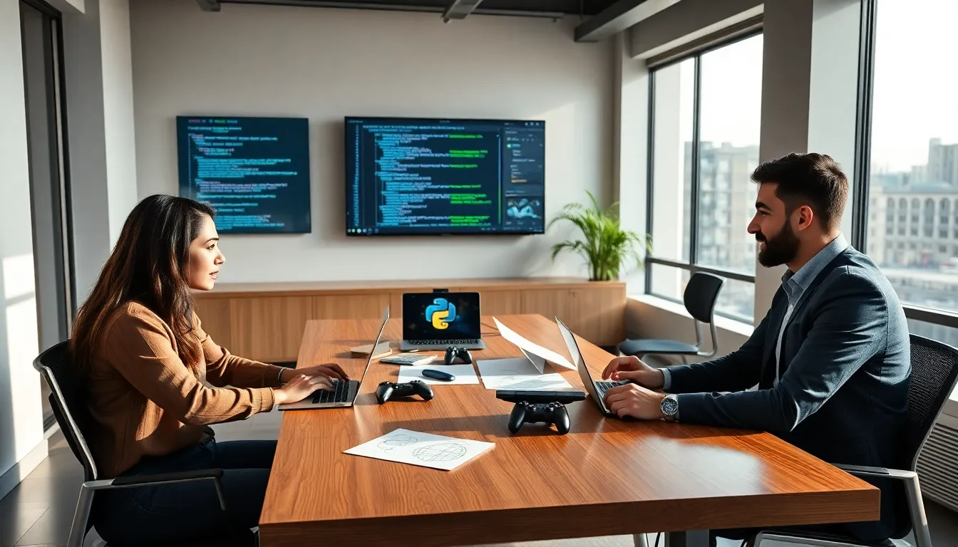 diverse team collaborating on game development with Python in a modern studio.